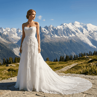 White Strapless Sweetheart Pearl Beaded Petal-Layered A-Line Wedding Dress with Scalloped Train
