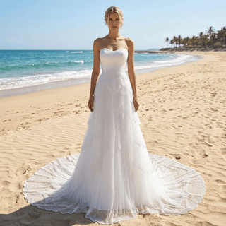 White Strapless Sweetheart Pearl Beaded Petal-Layered A-Line Wedding Dress with Scalloped Train
