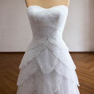 White Strapless Sweetheart Pearl Beaded Petal-Layered A-Line Wedding Dress with Scalloped Train