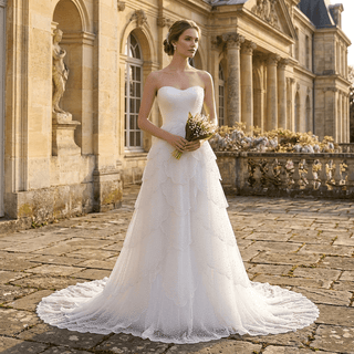 White Strapless Sweetheart Pearl Beaded Petal-Layered A-Line Wedding Dress with Scalloped Train