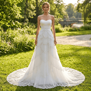 White Strapless Sweetheart Pearl Beaded Petal-Layered A-Line Wedding Dress with Scalloped Train