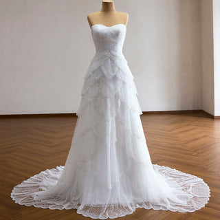 White Strapless Sweetheart Pearl Beaded Petal-Layered A-Line Wedding Dress with Scalloped Train