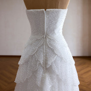 White Strapless Sweetheart Pearl Beaded Petal-Layered A-Line Wedding Dress with Scalloped Train