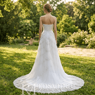 White Strapless Sweetheart Pearl Beaded Petal-Layered A-Line Wedding Dress with Scalloped Train