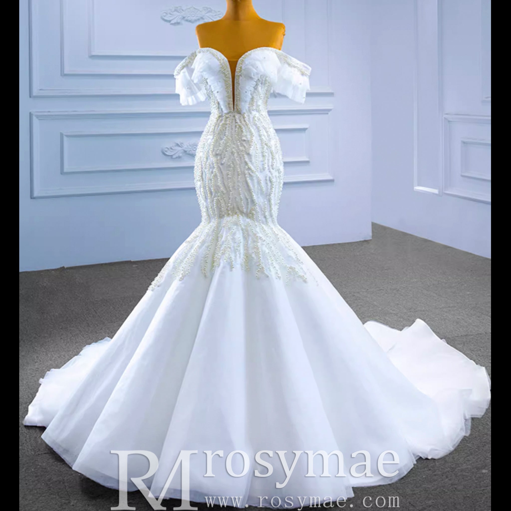 White Trumpet Tulle Off the Shoulder Pearls Wedding Dress - Rosymae