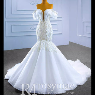 White Trumpet Tulle Off the Shoulder Pearls Wedding Dress - Rosymae