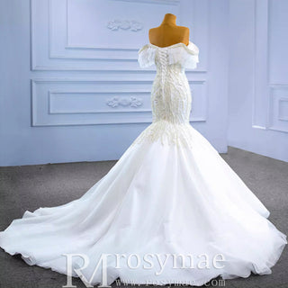 White Trumpet Tulle Off the Shoulder Pearls Wedding Dress - Rosymae