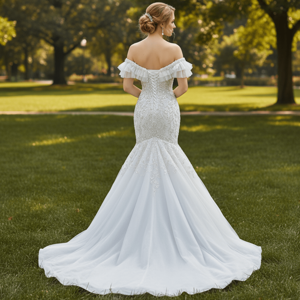 White Trumpet Tulle Off the Shoulder Pearls Wedding Dress - Rosymae
