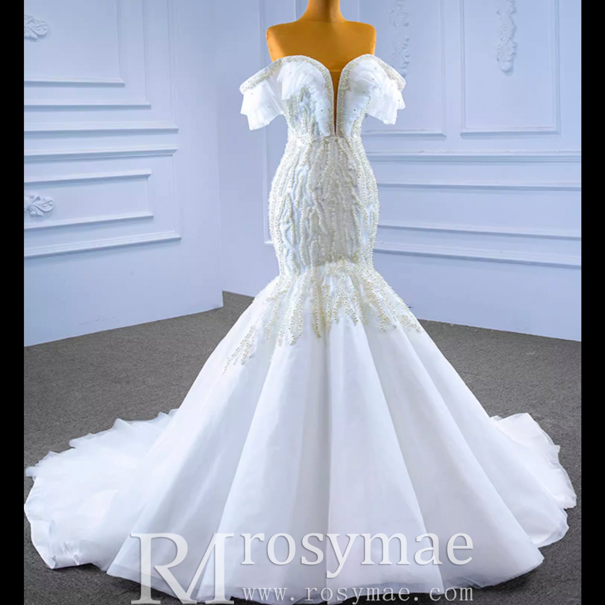 White Trumpet Tulle Off the Shoulder Pearls Wedding Dress - Rosymae