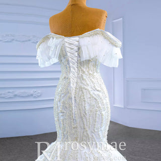White Trumpet Tulle Off the Shoulder Pearls Wedding Dress - Rosymae