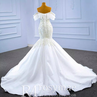 White Trumpet Tulle Off the Shoulder Pearls Wedding Dress - Rosymae
