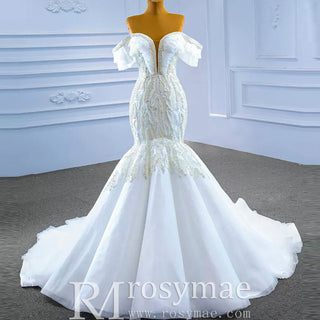 White Trumpet Tulle Off the Shoulder Pearls Wedding Dress - Rosymae