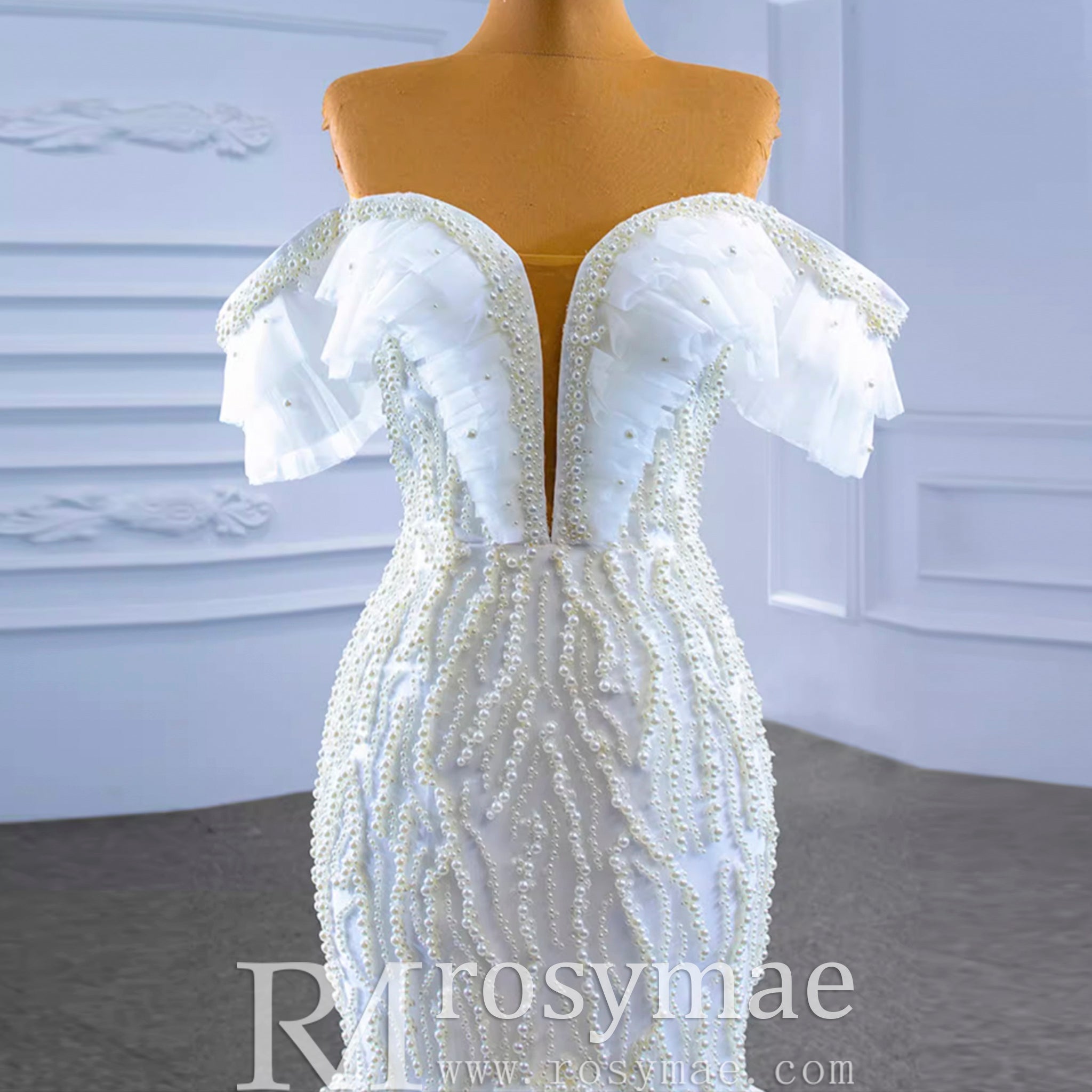 White Trumpet Tulle Off the Shoulder Pearls Wedding Dress - Rosymae