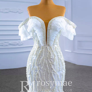 White Trumpet Tulle Off the Shoulder Pearls Wedding Dress - Rosymae