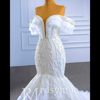 White Trumpet Tulle Off the Shoulder Pearls Wedding Dress - Rosymae
