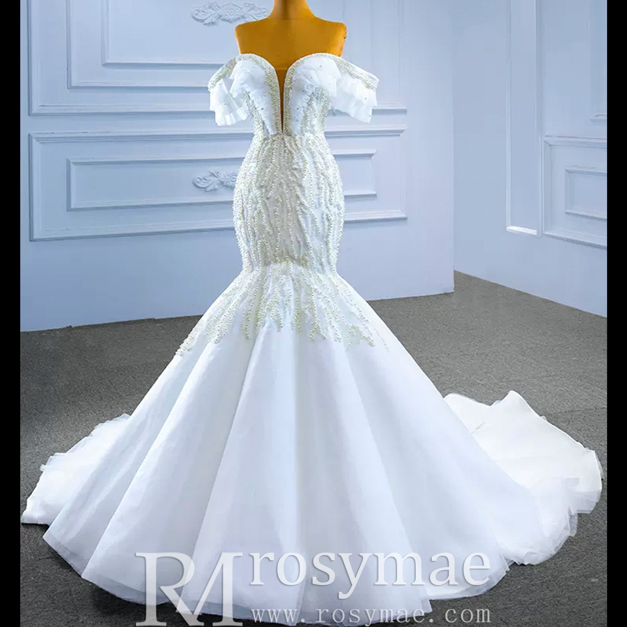 White Trumpet Tulle Off the Shoulder Pearls Wedding Dress - Rosymae