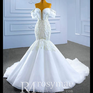 White Trumpet Tulle Off the Shoulder Pearls Wedding Dress - Rosymae