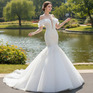 White Trumpet Tulle Off the Shoulder Pearls Wedding Dress - Rosymae
