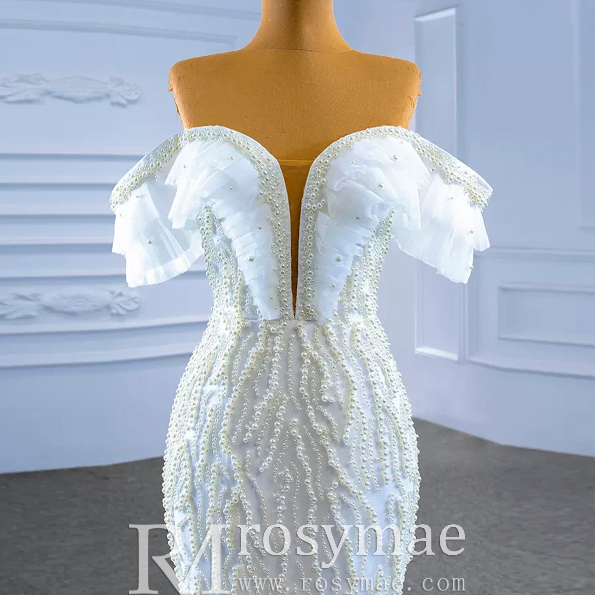 White Trumpet Tulle Off the Shoulder Pearls Wedding Dress - Rosymae
