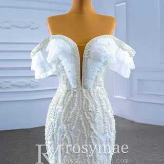White Trumpet Tulle Off the Shoulder Pearls Wedding Dress - Rosymae