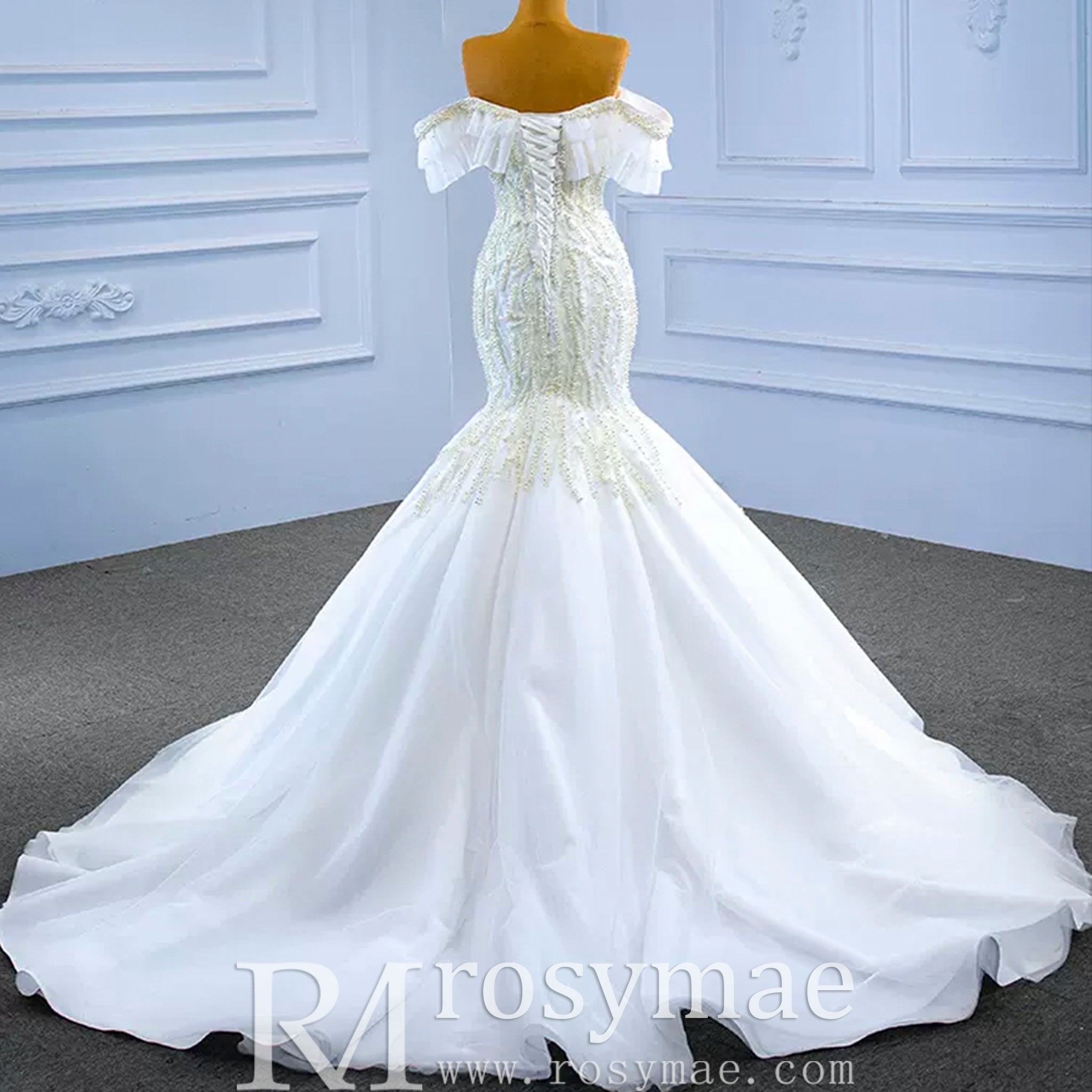 White Trumpet Tulle Off the Shoulder Pearls Wedding Dress - Rosymae