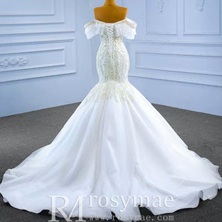 White Trumpet Tulle Off the Shoulder Pearls Wedding Dress - Rosymae
