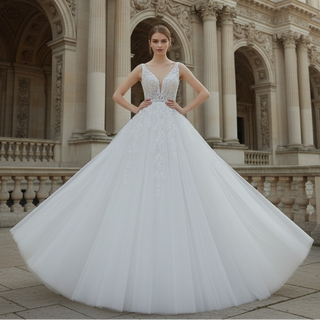 White Ballgown Tulle Open Back Wedding Dress with Tank Sleeve