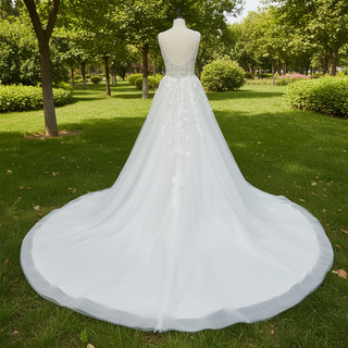 White Ballgown Tulle Open Back Wedding Dress with Tank Sleeve