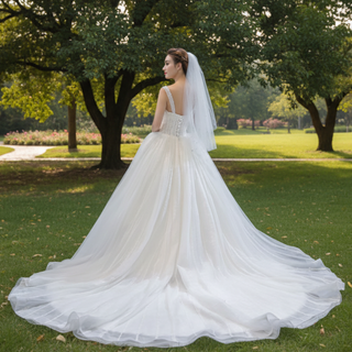 Classic Sheer Bodice Ball Gown Wedding Dress with Square Neckline