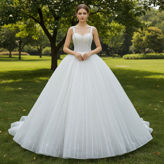Classic Sheer Bodice Ball Gown Wedding Dress with Square Neckline