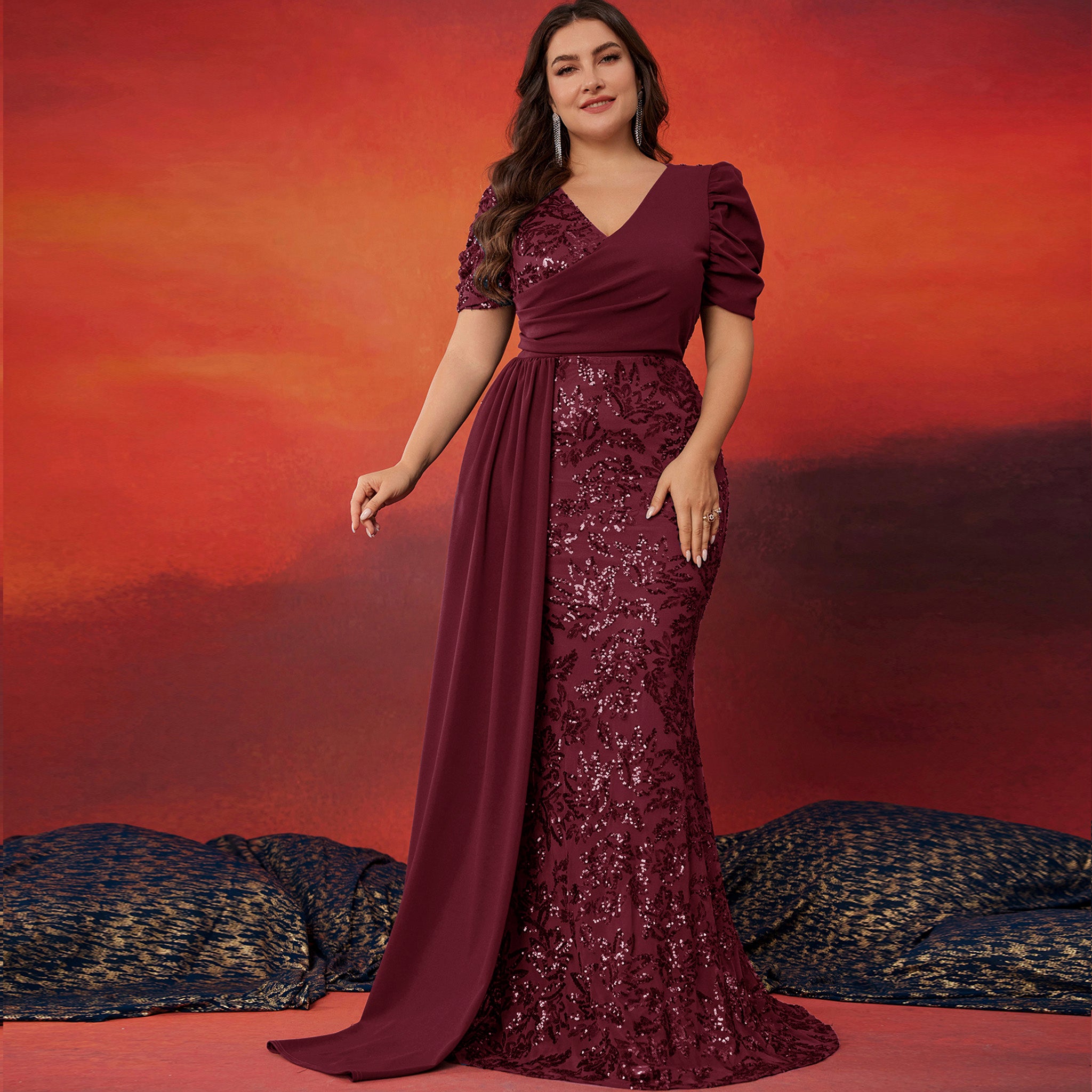 Classic Trendy Short Sleeve Plus Size Mermaid Dresses for Evening Party Burgundy / 3XL Classic Trendy Short Sleeve Plus Size Mermaid Dresses for Evening Party Burgundy / 3XL