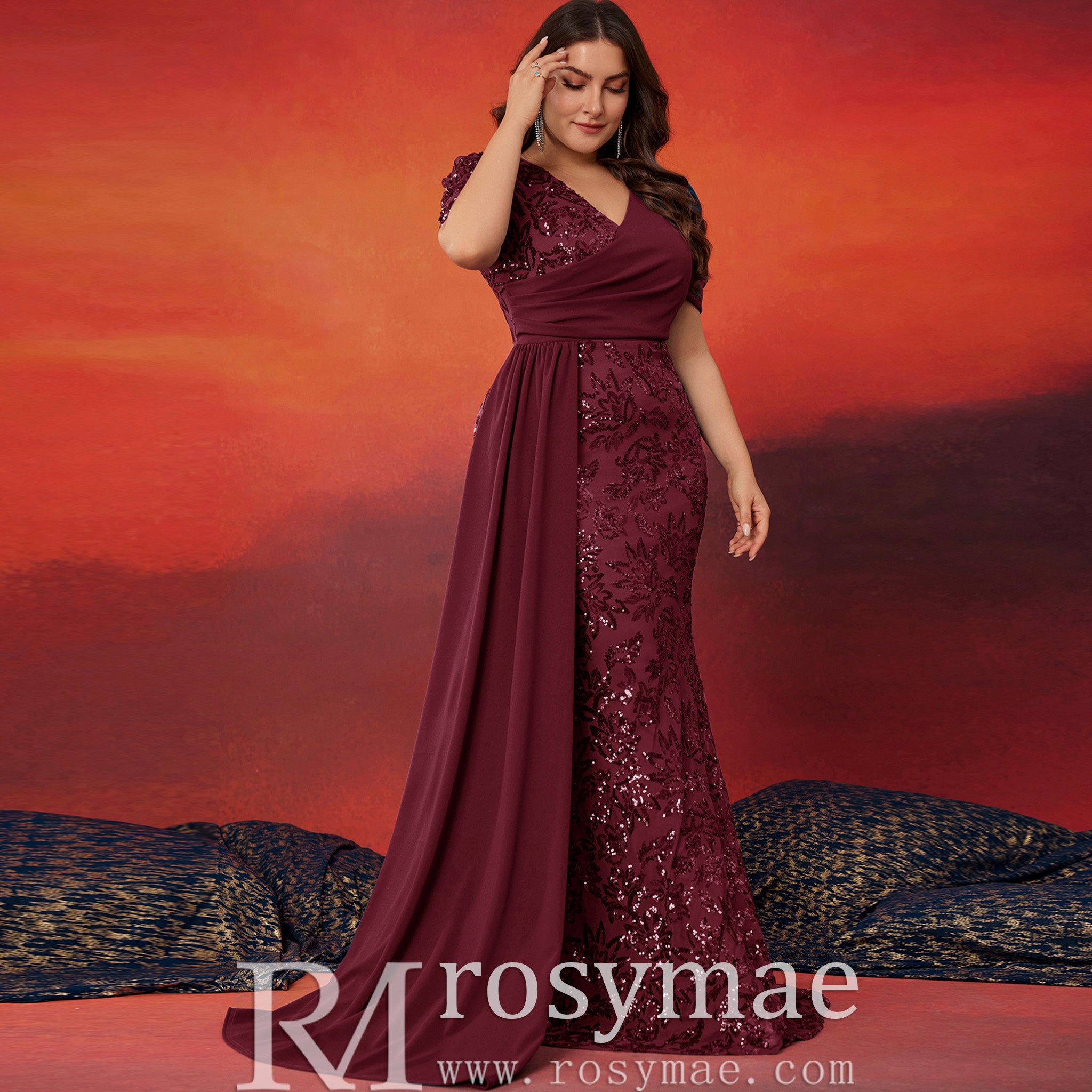 plus size burgundy evening dress Classic Trendy Short Sleeve Plus Size Mermaid Dresses for Evening Part – Rosymae