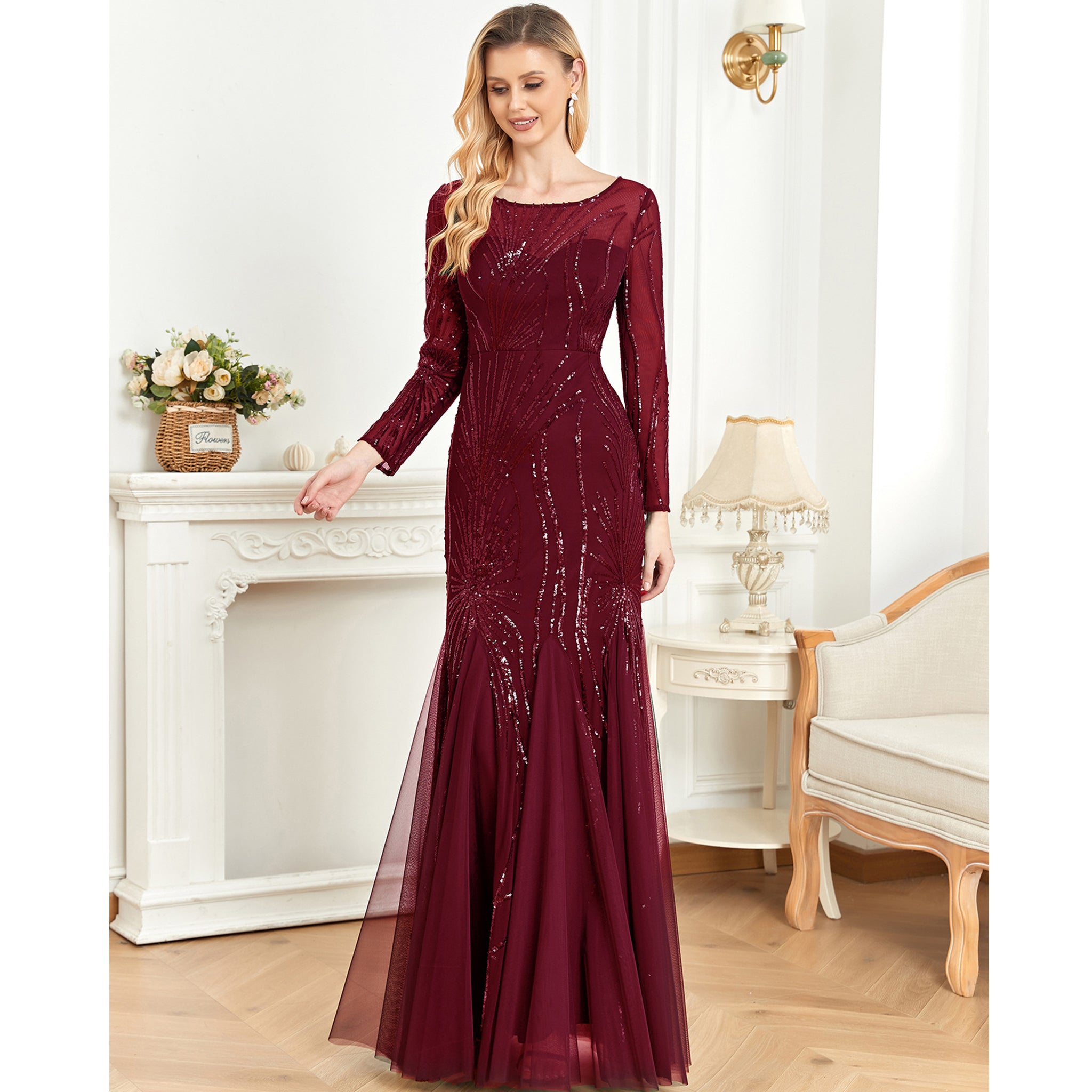 Sequins Long Sleeves Round Neck Slim Fit Mermaid Formal Evening Dress Wine Crimson / 4 Sequins Long Sleeves Round Neck Slim Fit Mermaid Formal Evening Dress Wine Crimson / 4