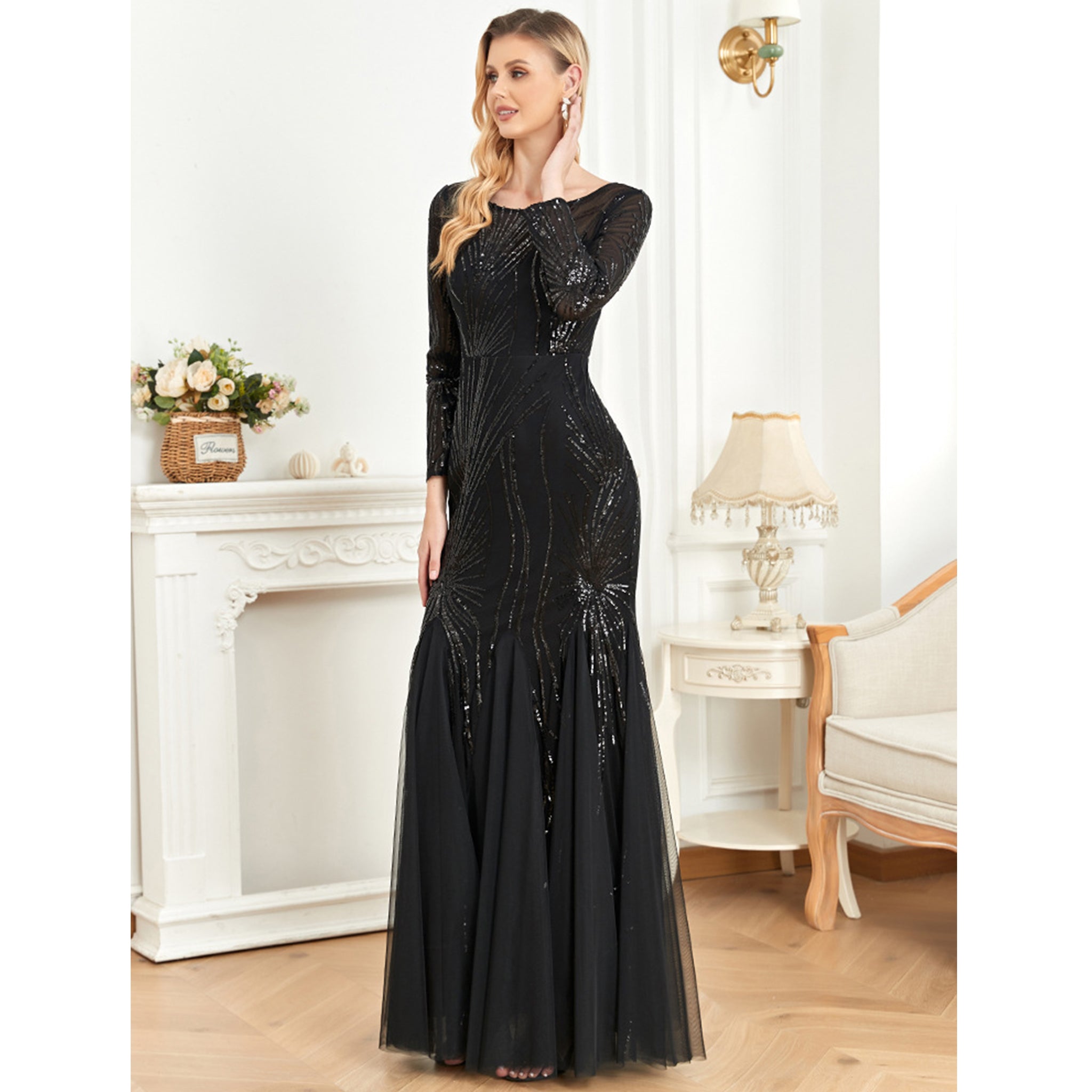 Sequins Long Sleeves Round Neck Slim Fit Mermaid Formal Evening Dress Black / 10 Sequins Long Sleeves Round Neck Slim Fit Mermaid Formal Evening Dress Black / 10