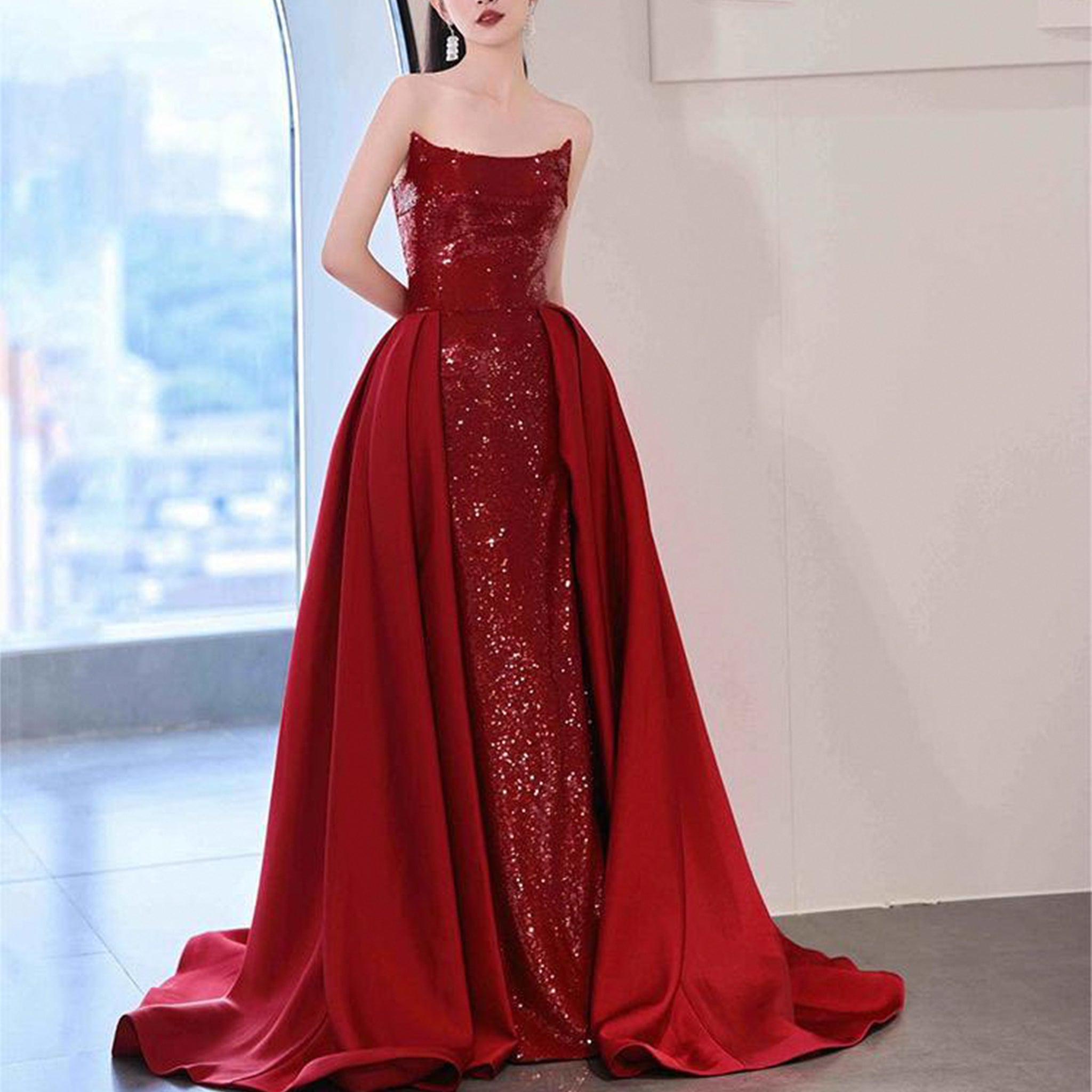 Elegant Wine Red Evening Dress Leg Split Sequins Formal Prom Dress Red / 10 Elegant Wine Red Evening Dress Leg Split Sequins Formal Prom Dress Red / 10