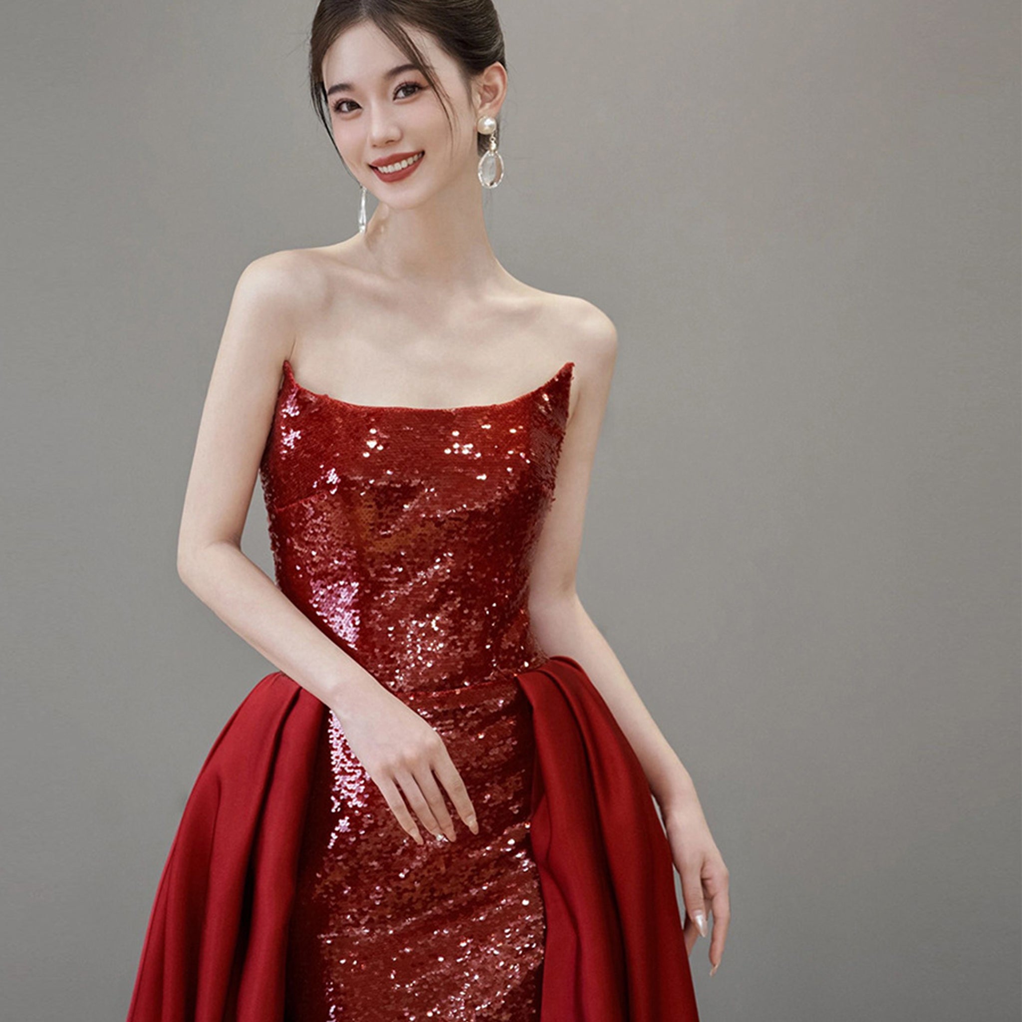 Elegant Wine Red Evening Dress Leg Split Sequins Formal Prom Dress Red / 10 Elegant Wine Red Evening Dress Leg Split Sequins Formal Prom Dress Red / 10
