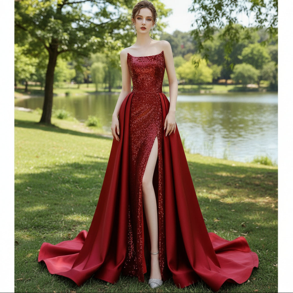 Elegant Wine Red Evening Dress Leg Split Sequins Formal Prom Dress Red / 10 Elegant Wine Red Evening Dress Leg Split Sequins Formal Prom Dress Red / 10