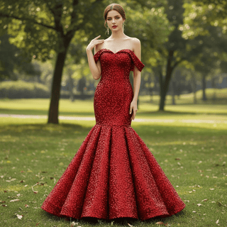 Women Maxi Off the Shoulder Sequin Prom Dress Evening Gown - Rosymae