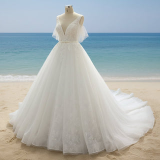 Women Off Shoulder Keyhole A Line Wedding Dress with Flutter Sleeve - Rosymae