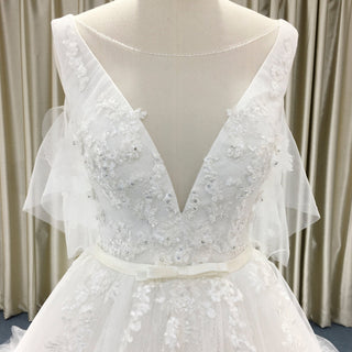 Women Off Shoulder Keyhole A Line Wedding Dress with Flutter Sleeve - Rosymae