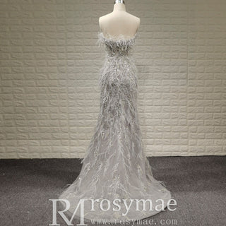 Women Sparkly & Elegant Grey Mermaid Prom Dress with Feather - Rosymae