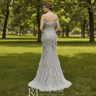 Women Sparkly & Elegant Grey Mermaid Prom Dress with Feather - Rosymae