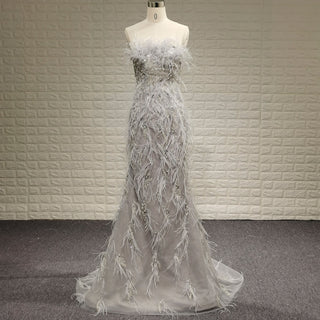 Women Sparkly & Elegant Grey Mermaid Prom Dress with Feather - Rosymae