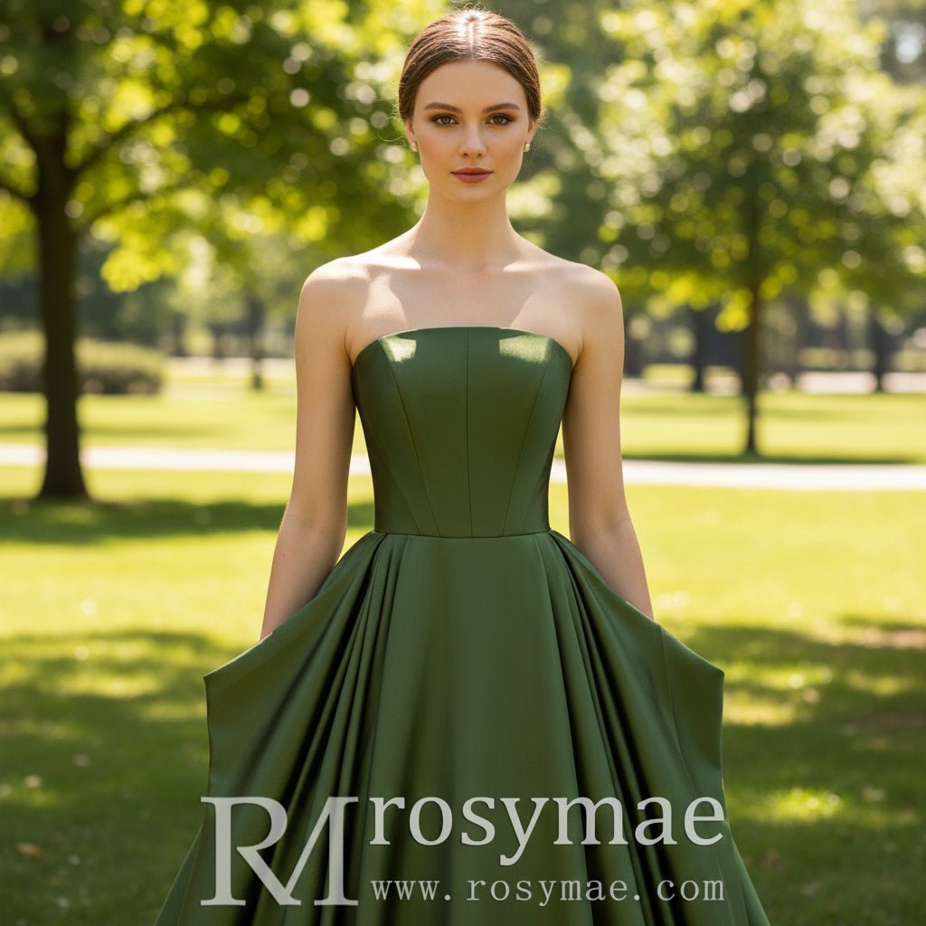 Women Taffeta Strapless Party Dress Ball Gown Ruffle Prom Gown - Rosymae