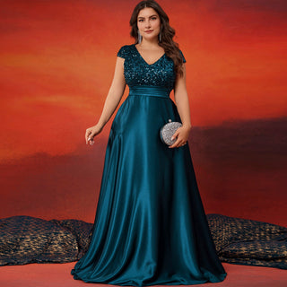 Women's Elegant Sequin Satin Prom Dress Evening Gown with Cap Sleeve - Rosymae