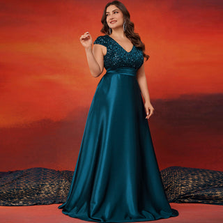 Women's Elegant Sequin Satin Prom Dress Evening Gown with Cap Sleeve - Rosymae