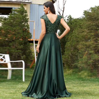 Women's Elegant Sequin Satin Prom Dress Evening Gown with Cap Sleeve - Rosymae
