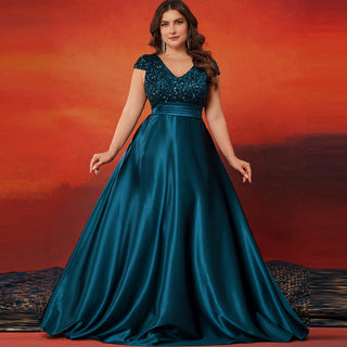 Women's Elegant Sequin Satin Prom Dress Evening Gown with Cap Sleeve - Rosymae