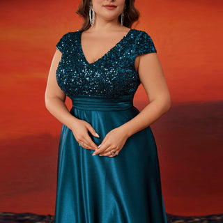 Women's Elegant Sequin Satin Prom Dress Evening Gown with Cap Sleeve - Rosymae