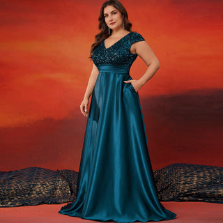 Women's Elegant Sequin Satin Prom Dress Evening Gown with Cap Sleeve - Rosymae